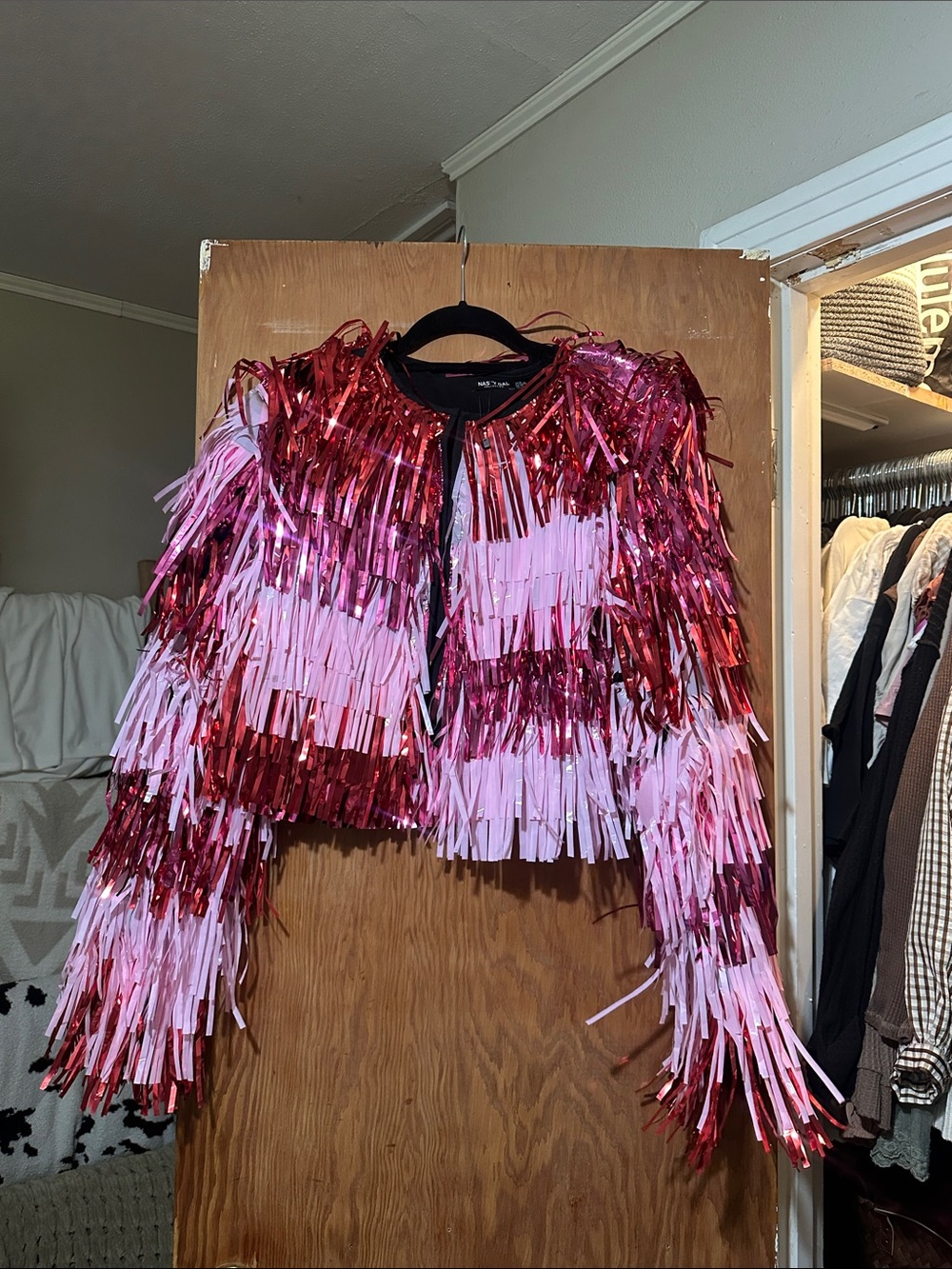 Nasty Gal Pink Metallic Fringe Bomber Jacket
